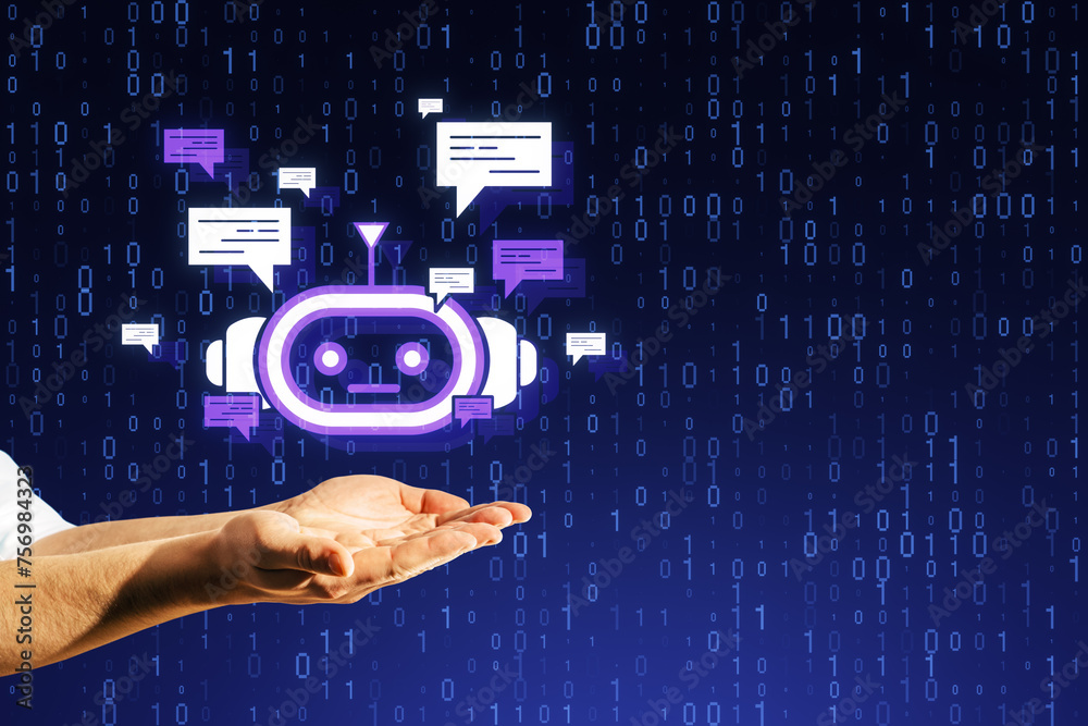 Aufkleber Close up of male hands holding creative bot hologram on blue binary coding background with mock up place. Chat GPT and customer service concept.