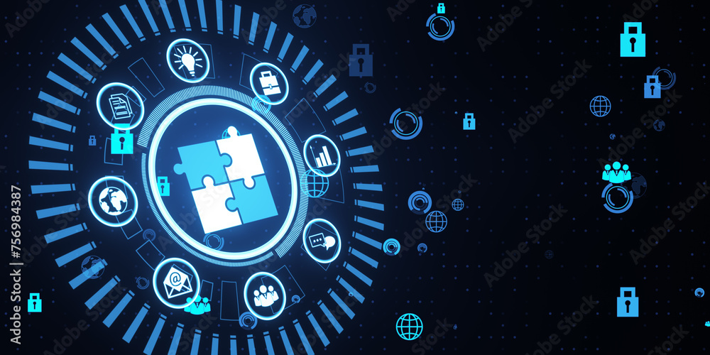 Poster creative round data management hologram with jigsaw puzzle on wide dark background. data, business h