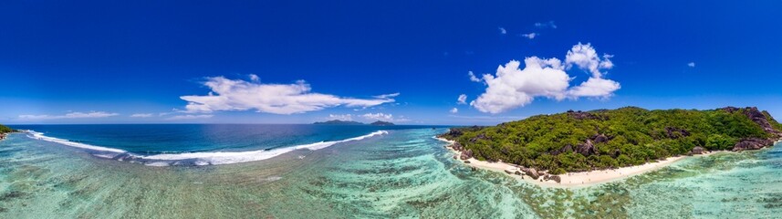 La Digue Island, Seychelles. Aerial view, panorama mode on a sunny day - 756984302