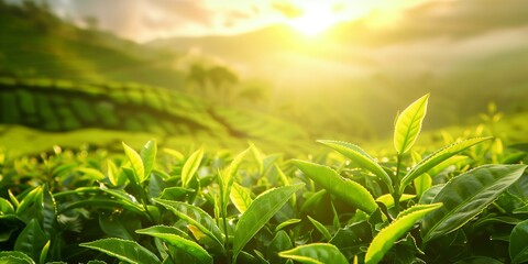 tea plantation landscape against sunset