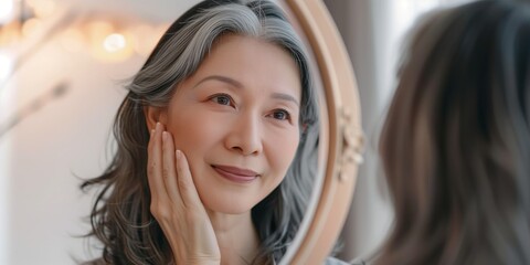 Happy middle aged mature woman, senior older 50 year lady touching her face applying skin care cream,
