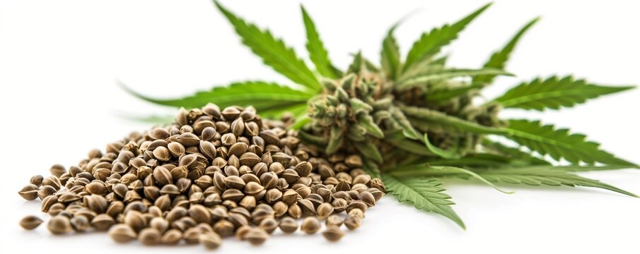 Cannabis seeds in wooden bowl and cannabis leaves at white table.