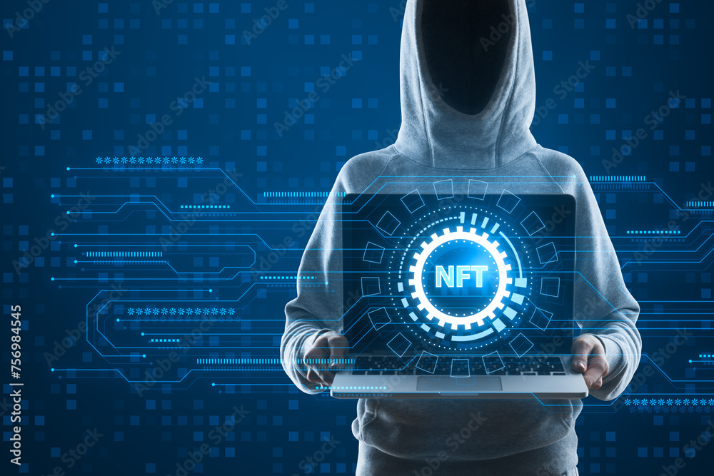 Poster hacker in hoodie holding laptop with creative round nft hologram on digital blue background. non-fun