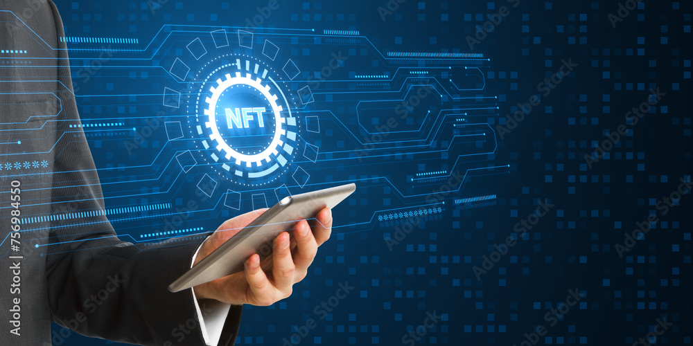 Poster close up of male hand using smartphone with creative round nft hologram on digital blue background. 