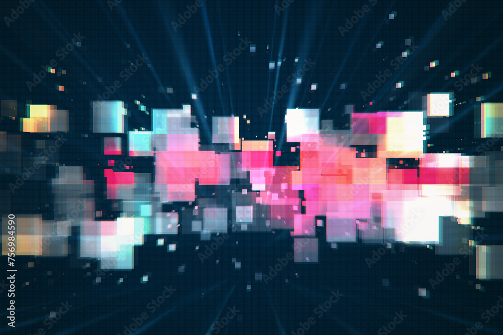 Poster abstract pixel explosion in vibrant colors on a dark grid background. creative technology concept. 3