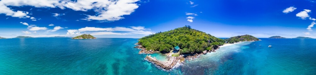 La Digue Island under a Blue Sky, Seychelles Aerial View - 756984553
