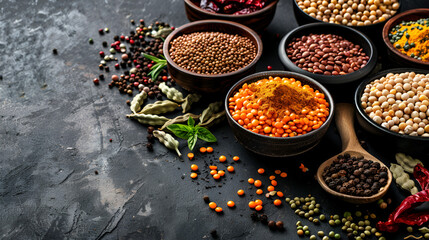 Bowls with Legumes and Indian Spices - Fresh and Aromatic Ingredients for Healthy Cooking and Cuisine, Culinary Delights with Traditional Flavors, Generative AI

