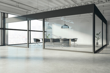 New concrete spacious glass meeting room interior with panoramic window and city view. 3D Rendering.