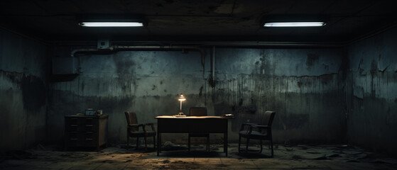 Dark gritty interrogation room with single bright light - obrazy, fototapety, plakaty