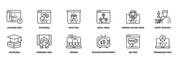 Video Marketing Line Icon Set: Explainer, Video, Testimonial, Demo, Social, FAQ, Strategy. Editable Stroke.