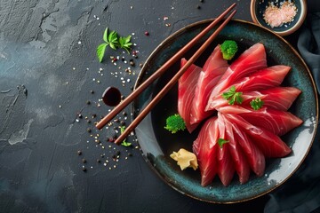 Sashimi set with tuna and shrimp trespass and a cup of soy sauce on a dark background - obrazy, fototapety, plakaty