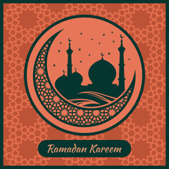 Ramadan Kareem greeting card or banner with Mosque silhouette on crescent moon and Arabic ornament, Islamic pattern. Vector illustration.