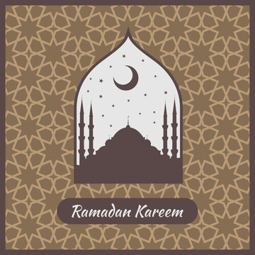 Ramadan Kareem greeting card or banner with Mosque silhouette on crescent moon and Arabic ornament, Islamic pattern. Vector illustration.