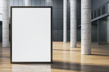 Modern empty white poster in interior with glass partitions, columns and wooden flooring. Mock up,...