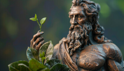 bronze sculpture of a male gardener and plant breeder with a green sprout in his hands. Crop control in agriculture.