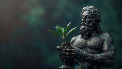 bronze sculpture of a male gardener and plant breeder with a green sprout in his hands. Crop control in agriculture.