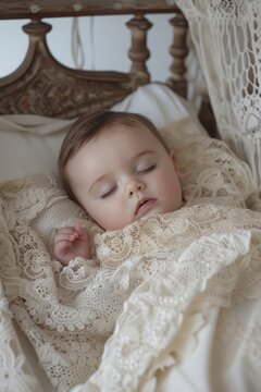 Professional Photography of a newborn sleeping peacefully in a vintage-inspired wooden bassinet, Generative AI