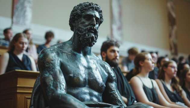 A sculpture of a Greek philosopher at a lecture in a university auditorium reading a book and listening to a lesson.