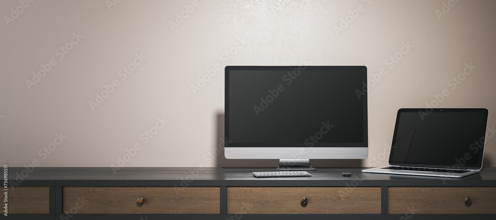 Poster contemporary designer office interior with blank computer and laptop monitors. mock up, 3d rendering