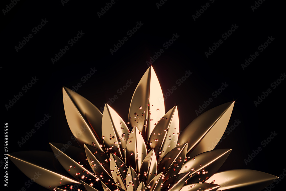 Poster metallic gold flower with radiant particles against a black backdrop. elegance concept. 3d rendering