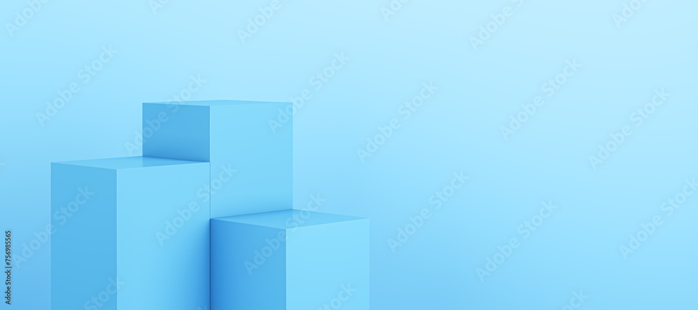 Poster Blue geometric block pedestal on wide light background with mock up place. 3D Rendering.