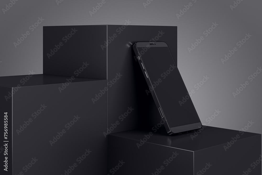 Aufkleber Empty smartphone on geometric block pedestal on black background with mock up place. 3D Rendering.