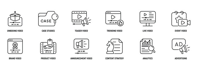Video Marketing Line Icon Set: Unboxing, Case, Studies, Teaser, Brand,  Product, Strategy. Editable Stroke.
