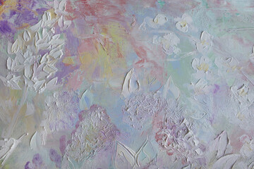 Original decorative painting. Spring flowers background. Palette knife structure surface.
