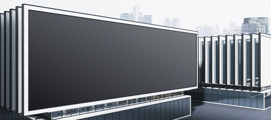 A large, blank billboard installed on the rooftop of a modern building, set against a cityscape background for outdoor advertising. 3D rendering