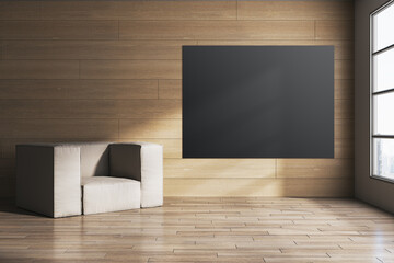 Modern hardwood room with armchair, window, sunlight and empty black mock up banner. 3D Rendering.