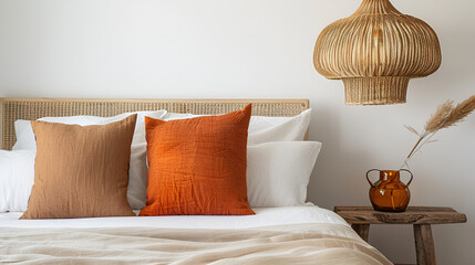 Brown and Orange Pillows on White Bed in Natural Bedroom Setting, Cozy Home Interior Decor Concept, Generative AI

