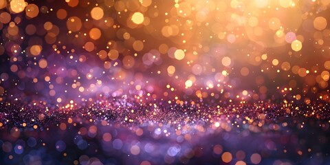 Glimmering gold and purple confetti lights in abstract bokeh background. Concept Confetti Lights, Abstract Bokeh, Glimmering Gold, Purple, Festive Atmosphere