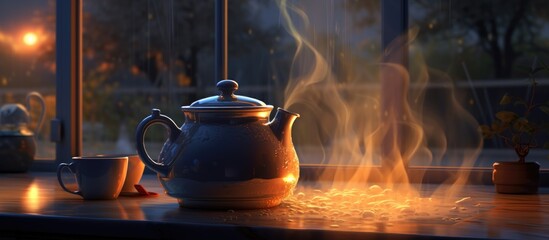 A tea kettle filled with liquid water is emitting steam, sitting on a window sill. The glass drinkware is serving its purpose by heating the water to create a warm drink - Powered by Adobe