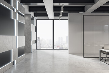 Clean gray meeting room office interior with window and city view. Workplace concept. 3D Rendering.