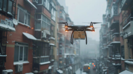 A drone flies through a snow-covered cityscape, delivering a package, showcasing the innovation and convenience of modern delivery services.