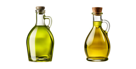 Two transparent glass bottles with olive oil, one with a square base and the other with a round base, both sealed with cork stoppers, isolated on a Transparent background