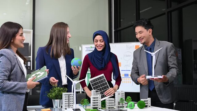 Business team people planning hand using laptop for working technology and business Net zero and carbon neutral concept.NET ZERO icons and symbols save the eco world and reduce pollution.