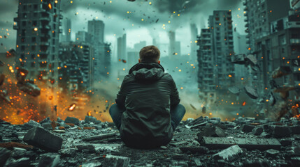 A lone individual sits with their back to the viewer, overlooking a catastrophic urban landscape engulfed in flames and debris.