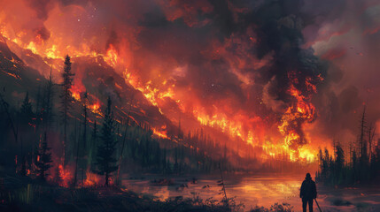 An onlooker stands before a massive forest fire, with towering flames and smoky skies reflecting in a calm lake, evoking a mix of awe and horror.
