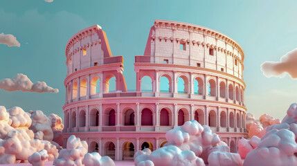 A fantastical rendition of the Colosseum floating amidst fluffy clouds under a pastel sunset sky.