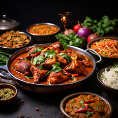 Chicken curry cooked with tomatoes sauce mix with dices onions and spices