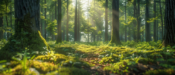A peaceful forest scene with sunbeams filtering through the tall trees onto a vibrant green undergrowth. - obrazy, fototapety, plakaty