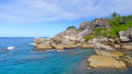 Felicite Island, close to La Digue, Seychelles. Aerial view of tropical coastline on a sunny day - 756986136