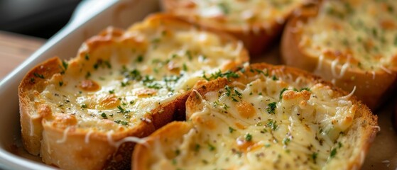 A close up of cheesy garlic bread