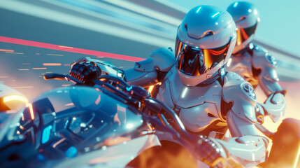 A sleek, futuristic robot clad in a racing suit rides a high-speed motorcycle, leaving a trail of light in a motion-blurred racetrack.