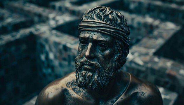 antique statue of a thinker against the backdrop of an intellectual labyrinth in the mind.