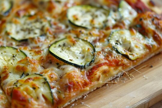 A detailed image of a rectangle pizza slice with zucchini anchovies and cheese