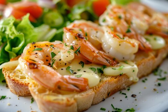 A detailed image of shrimp toast with salad and garlic cheese shallow depth of field