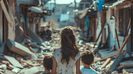 Fototapeta premium Мother with two children stands on the street among destroyed houses. They are homeless