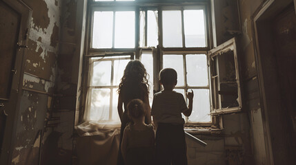 Mother with two children. They are standing together by the window in a large room. The mood of the...